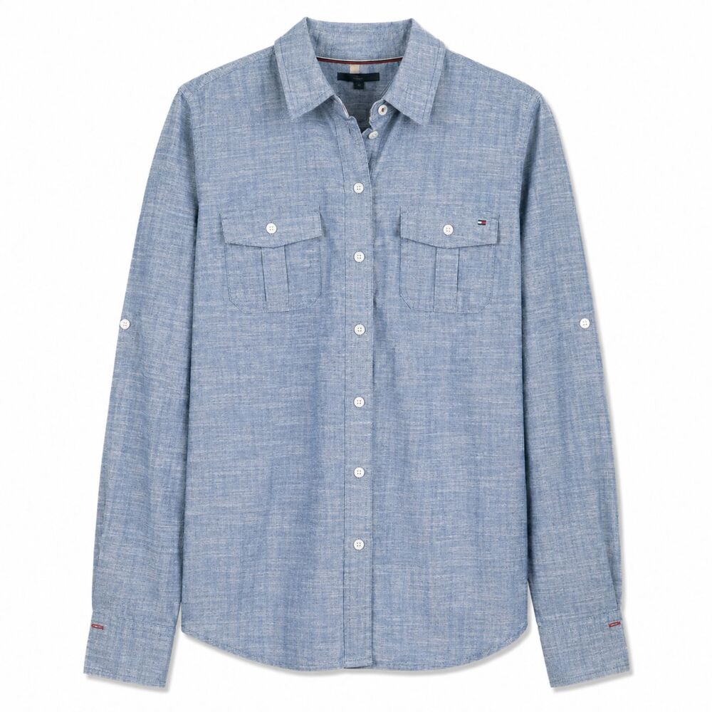 Tommy Hilfiger Womens XL Chambray Shirt Blue Cotton Oxford Y2K Preppy Coastal